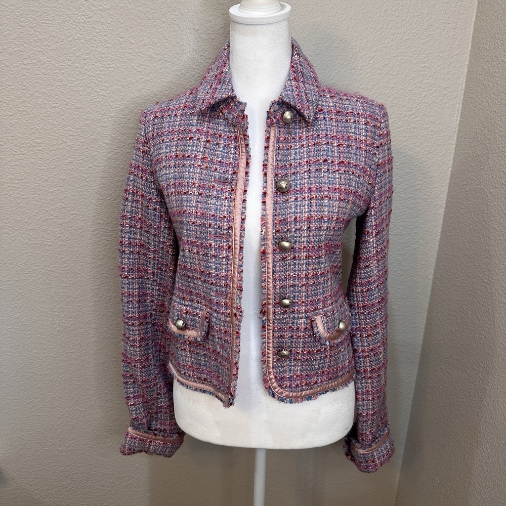 Abercrombie and Fitch Pink Blue Cropped Tweed Lady Jacket Wool Silk Sm Clueless